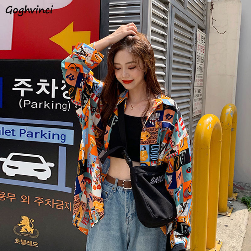 Korean Street Fashion Female - Shirts Women Spring Printed Thin Colorful