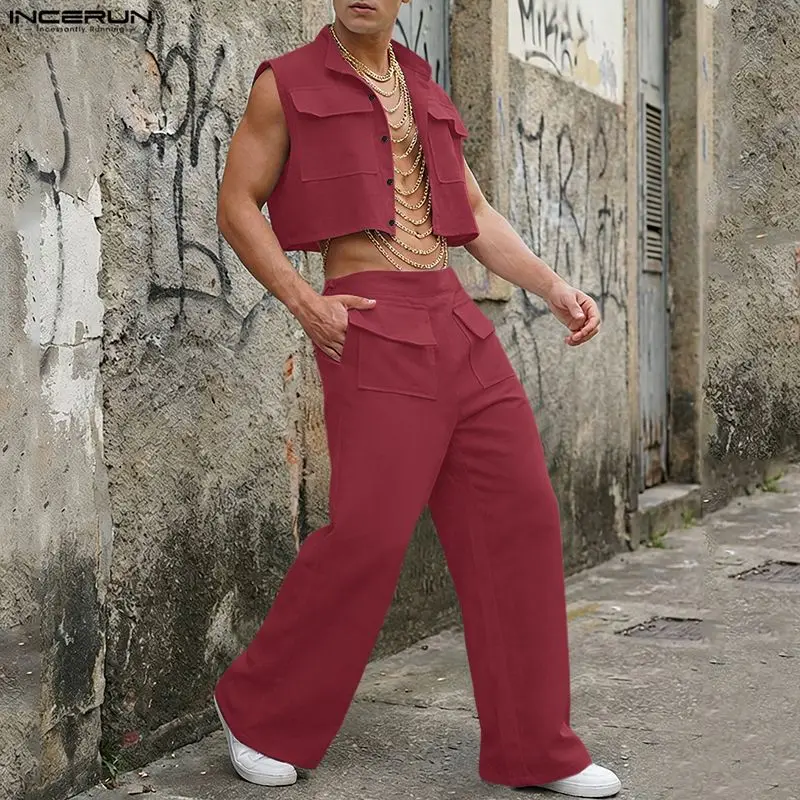 Street Fashion For Man - INCERUN Men Sets Solid Sleeveless Crop
