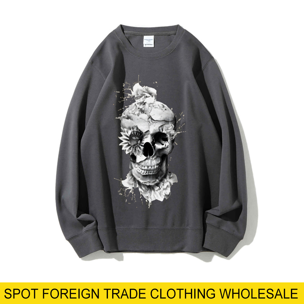 Oversized Crewneck Fleece - Skull Print Oversized Sweatshirt Loose Casual