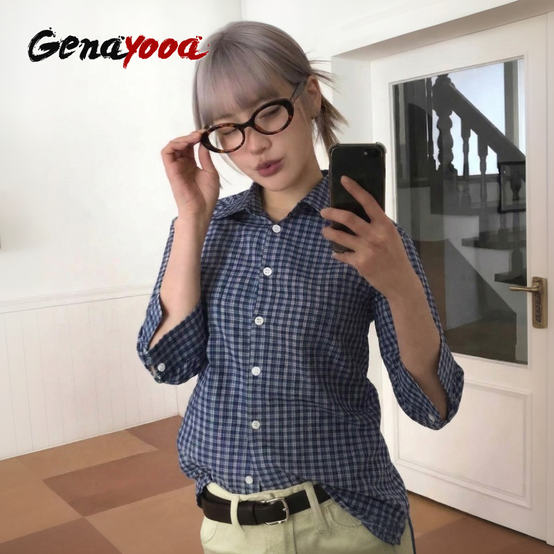 Street Fashion Korea - Genayooa Y2k Plaid Shirt Women Three