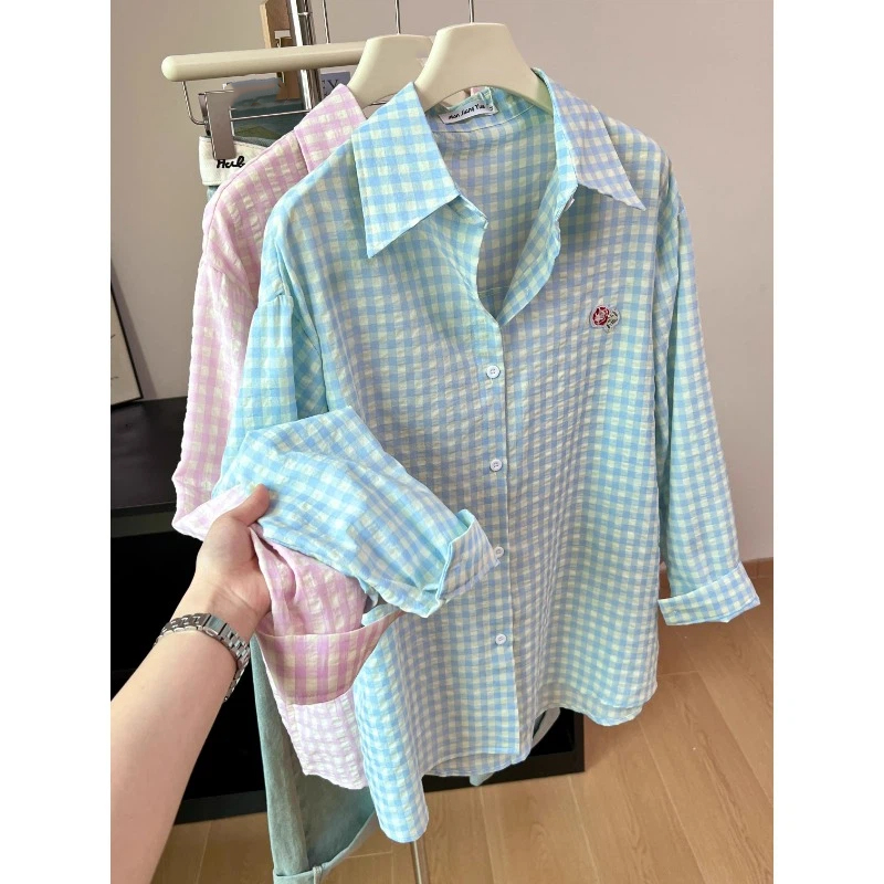 Street Fashion Korea - Embroidery Flower Plaid Design Shirts &