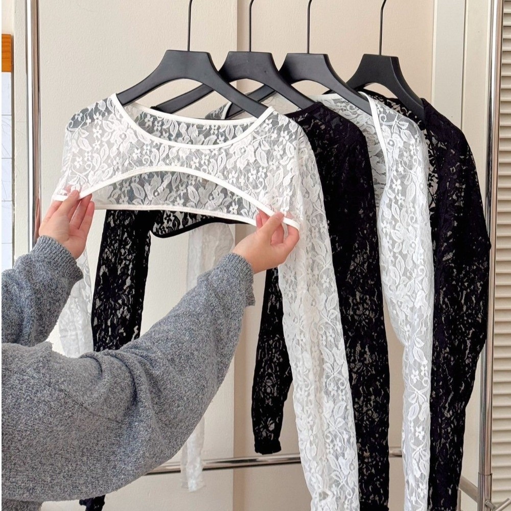 Mesh Top Layering - Stylish Solid Color Lace Long Sleeve