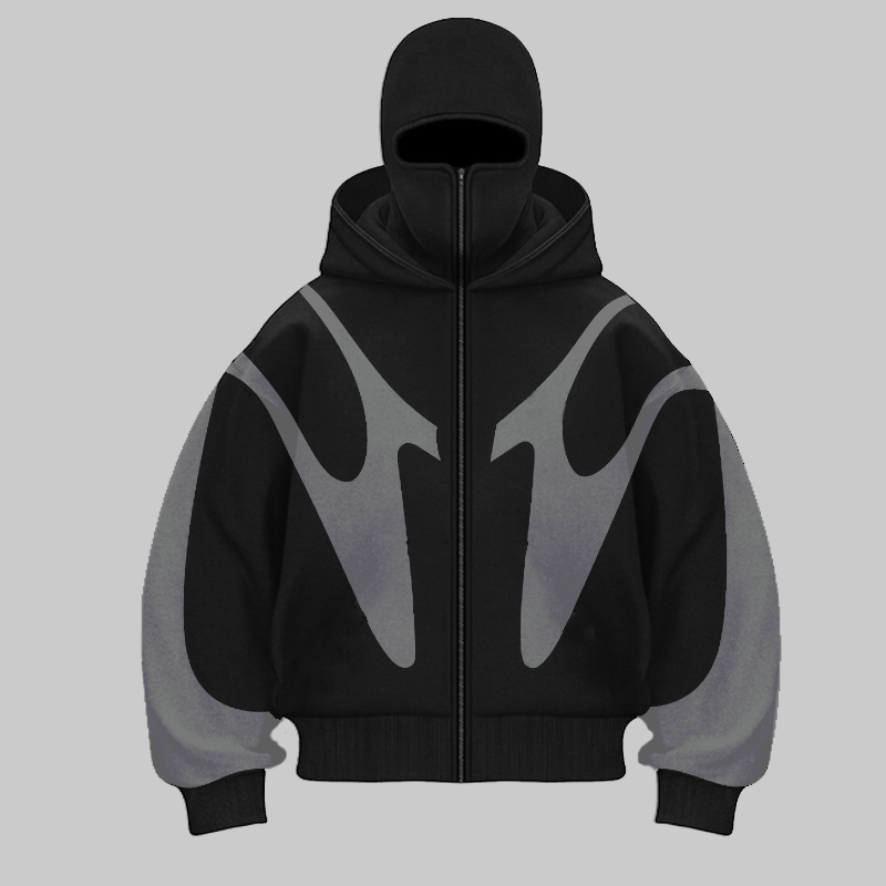 Street Fashion Zip Up Hoodie - Retro Printed Devil Pattern Double hat