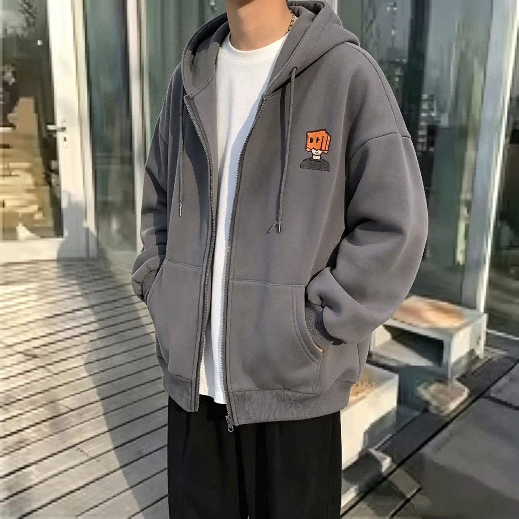 High Street Hoodie Men Solid C - Street Fashion Zip Up Hoodie 评论和价格