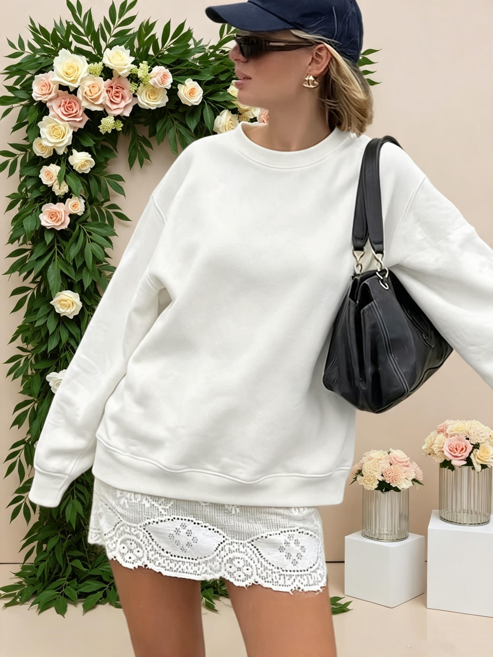 Casual Women's Solid Color Pul - Oversized Crewneck Fleece 评论和价格