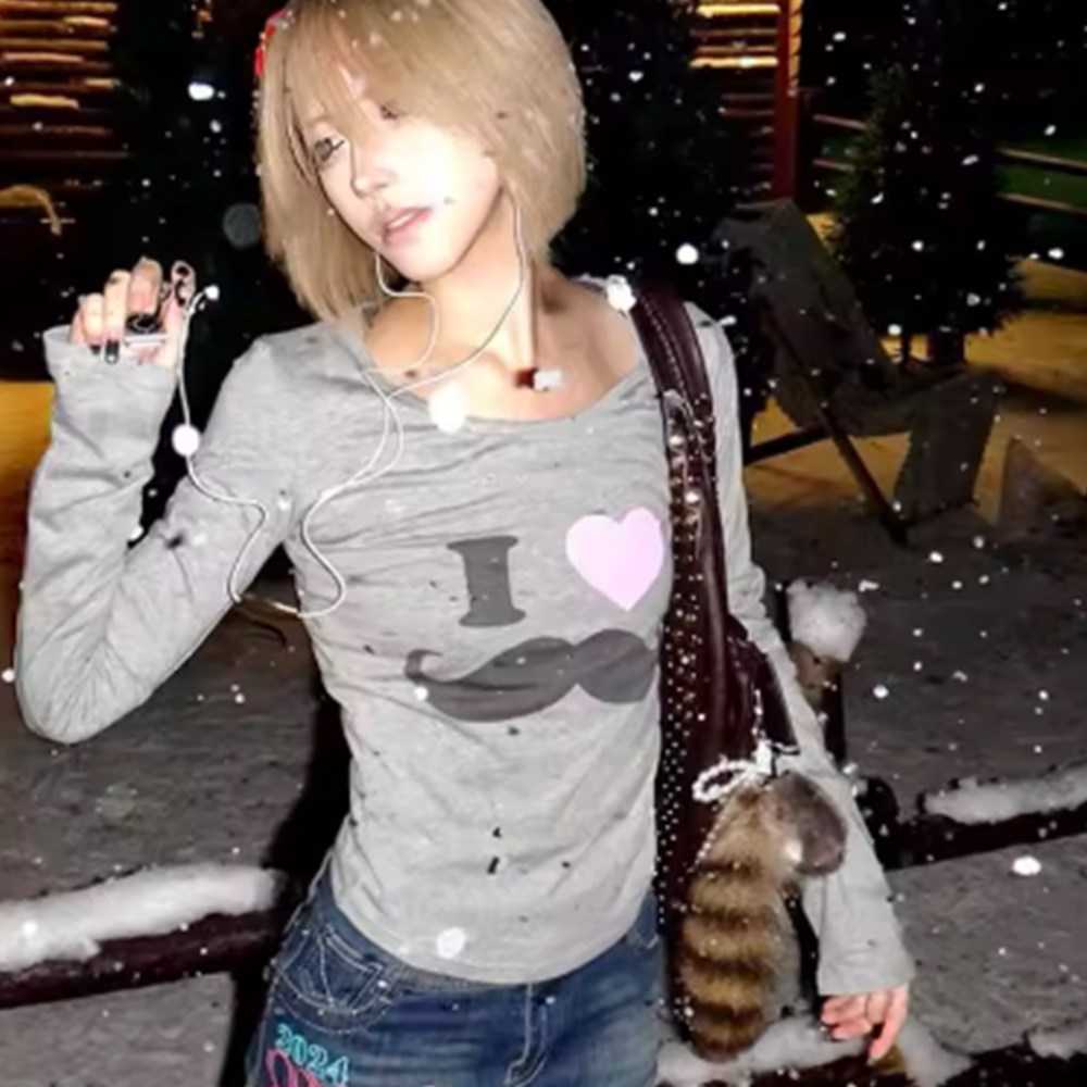 Japanese Y2K Beard Print T-Shi - Street Fashion Korea 评论和价格