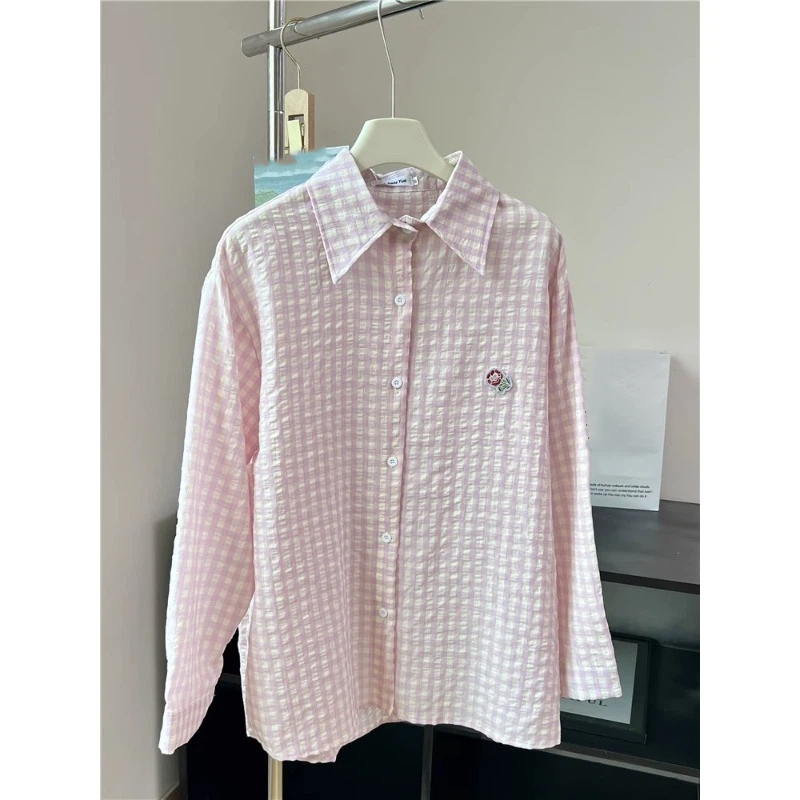 Embroidery Flower Plaid Design - Street Fashion Korea 评论和价格