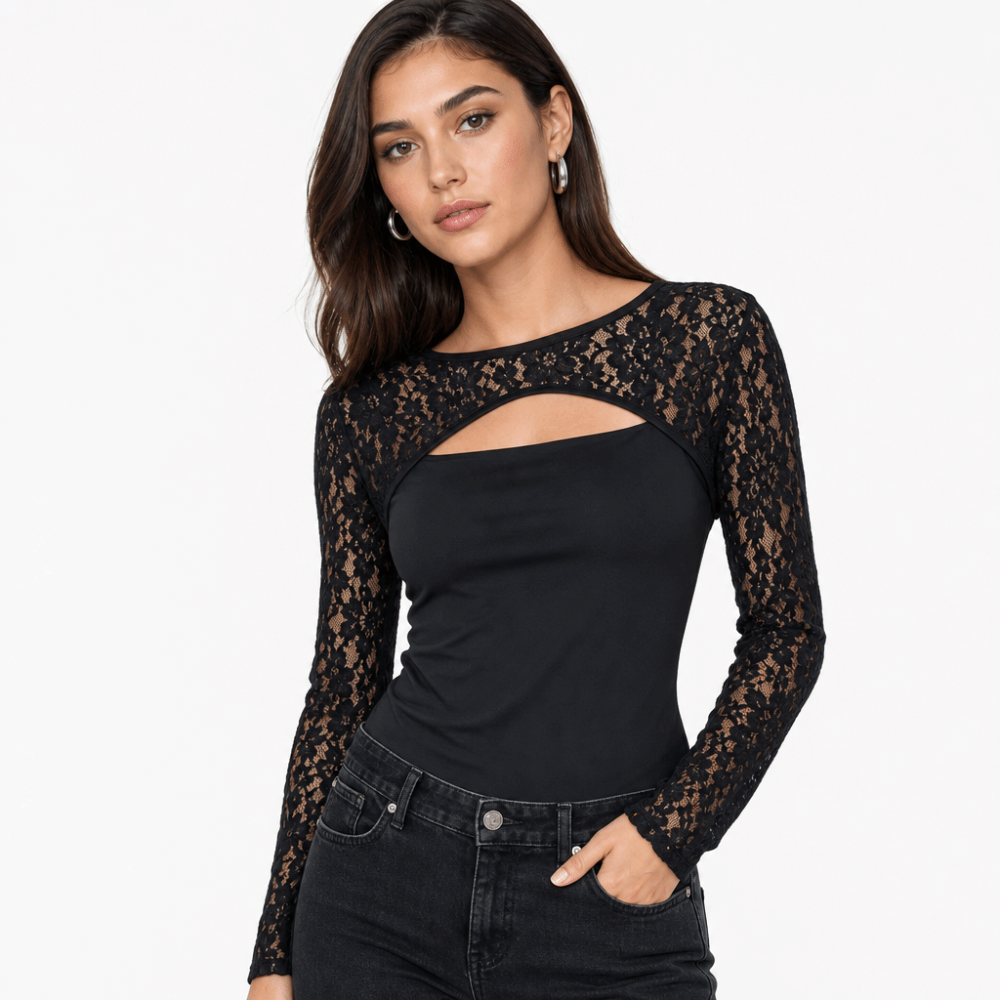 Stylish Solid Color Lace Long  - Mesh Top Layering 评论和价格