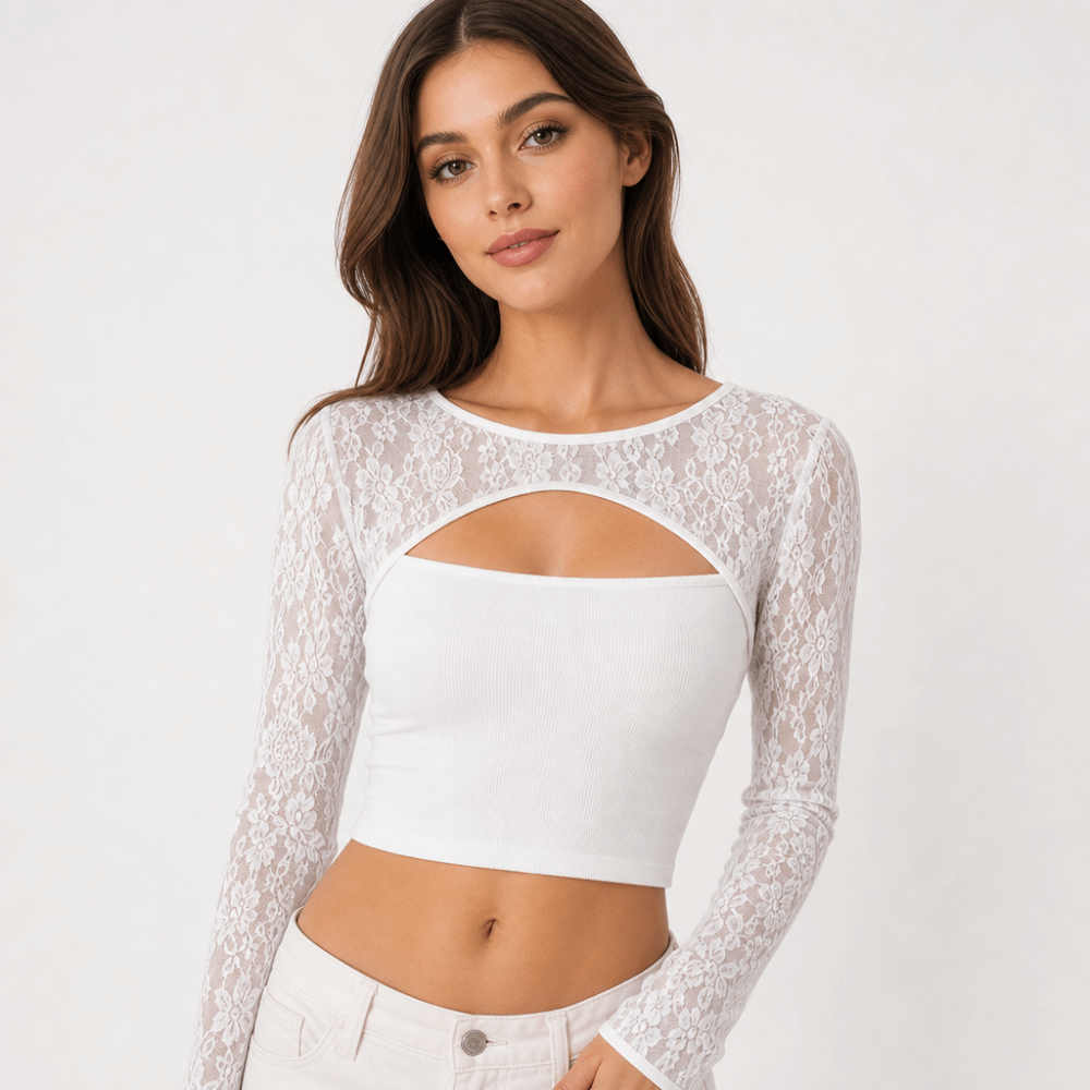 Stylish Solid Color Lace Long  - Mesh Top Layering 评论和价格