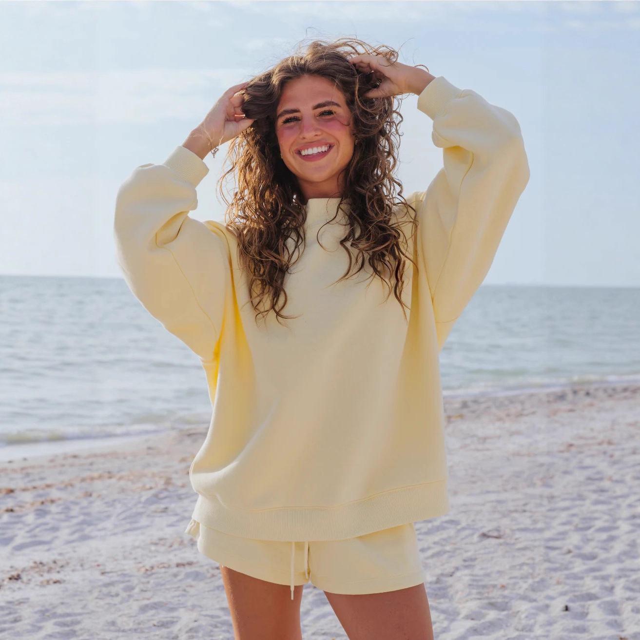 Women Solid Color Fleece Two P - Oversized Crewneck Fleece 评论和价格