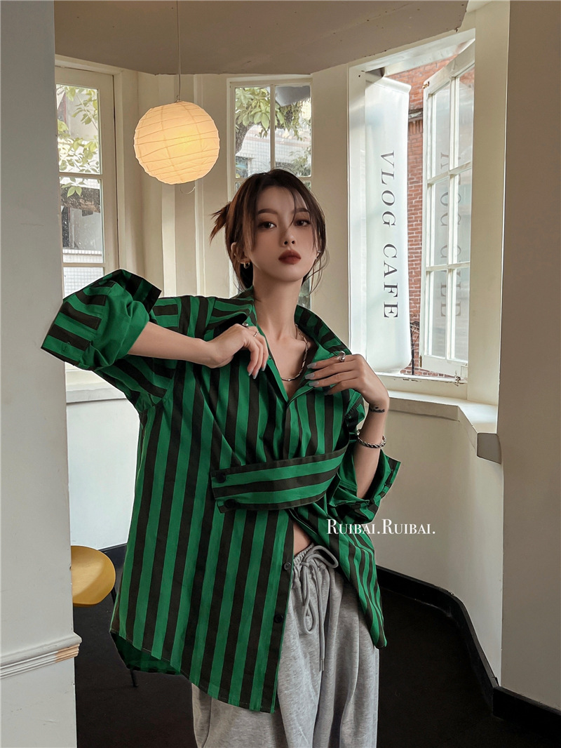 Korean striped shirt with asym - Street Fashion Korea 评论和价格