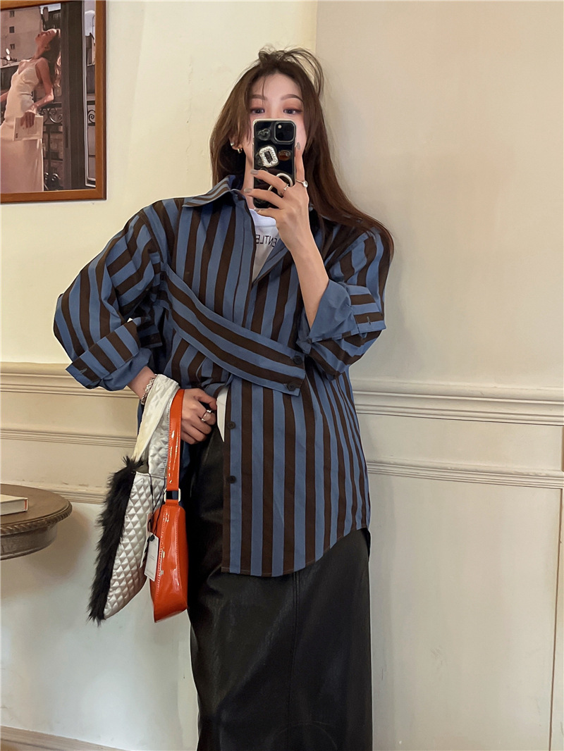 Korean striped shirt with asym - Street Fashion Korea 评论和价格