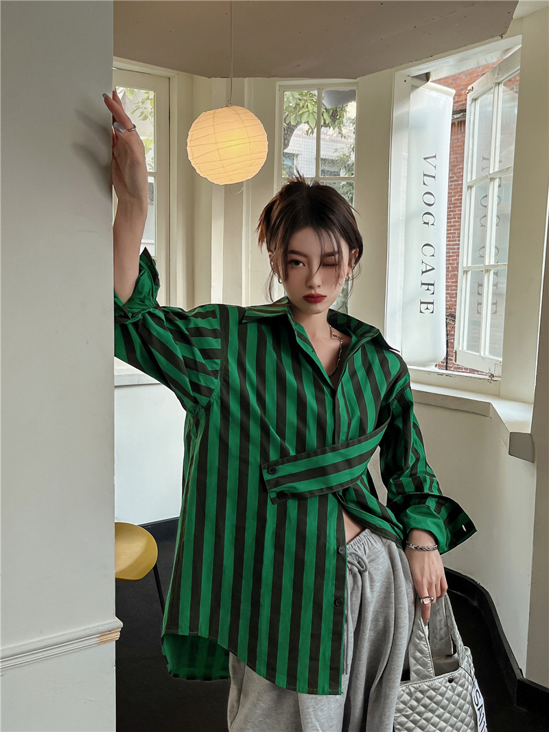 Korean striped shirt with asym - Street Fashion Korea 评论和价格