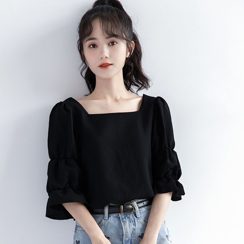 Pleated Short Sleeve Solid Kor - Street Fashion Youth 评论和价格