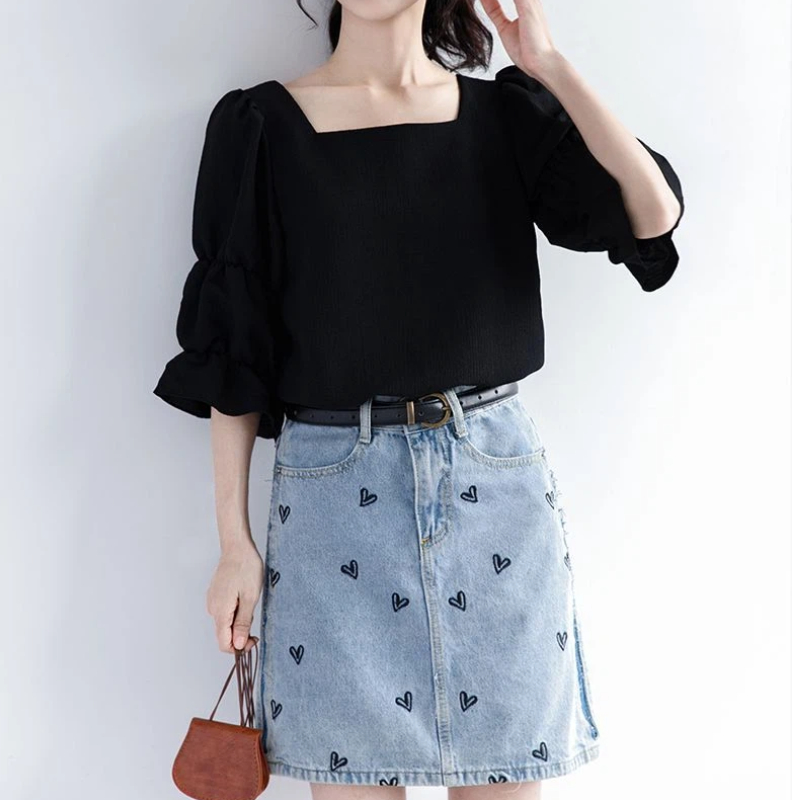 Pleated Short Sleeve Solid Kor - Street Fashion Youth 评论和价格