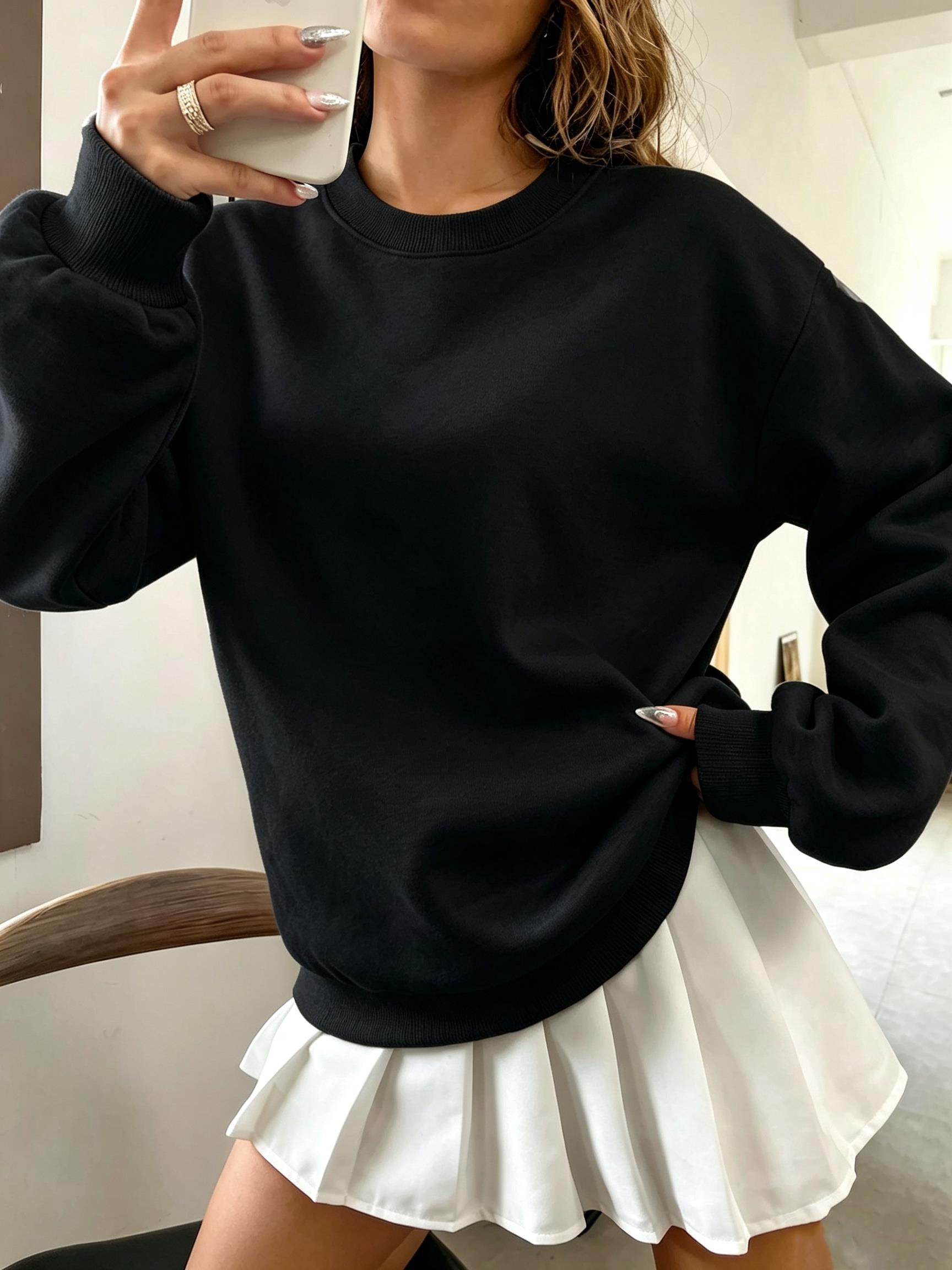 Korean Oversized Solid Color W - Oversized Crewneck Fleece 评论和价格