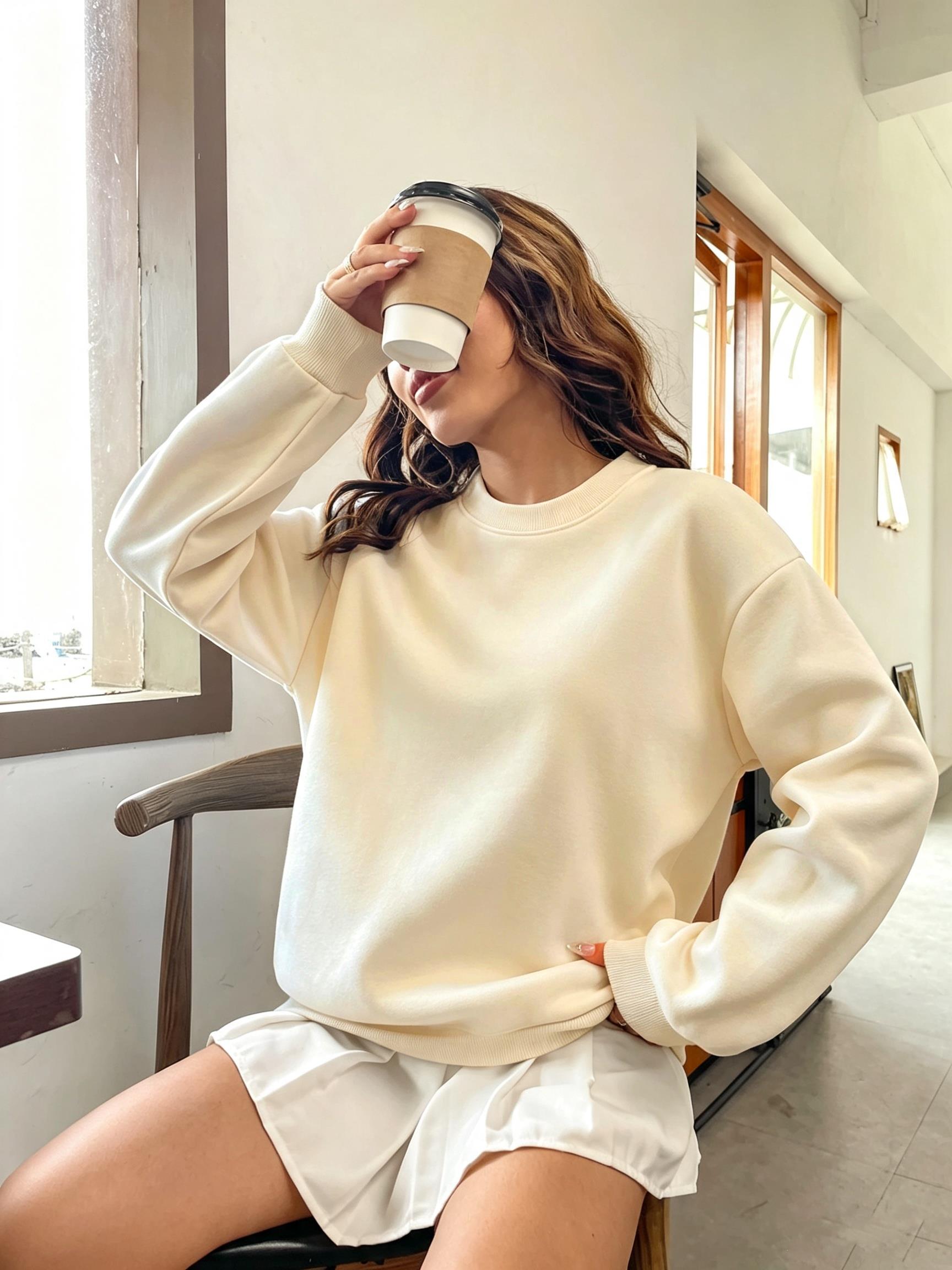 Korean Oversized Solid Color W - Oversized Crewneck Fleece 评论和价格